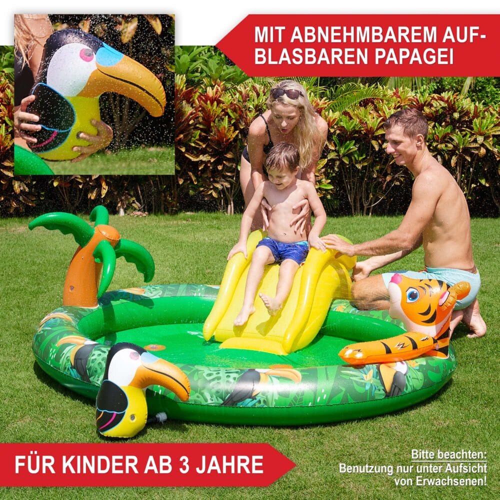 Kinder-Planschbecken mit Rutsche im Dschungel-Design, Größe 182x62x165 cm.
